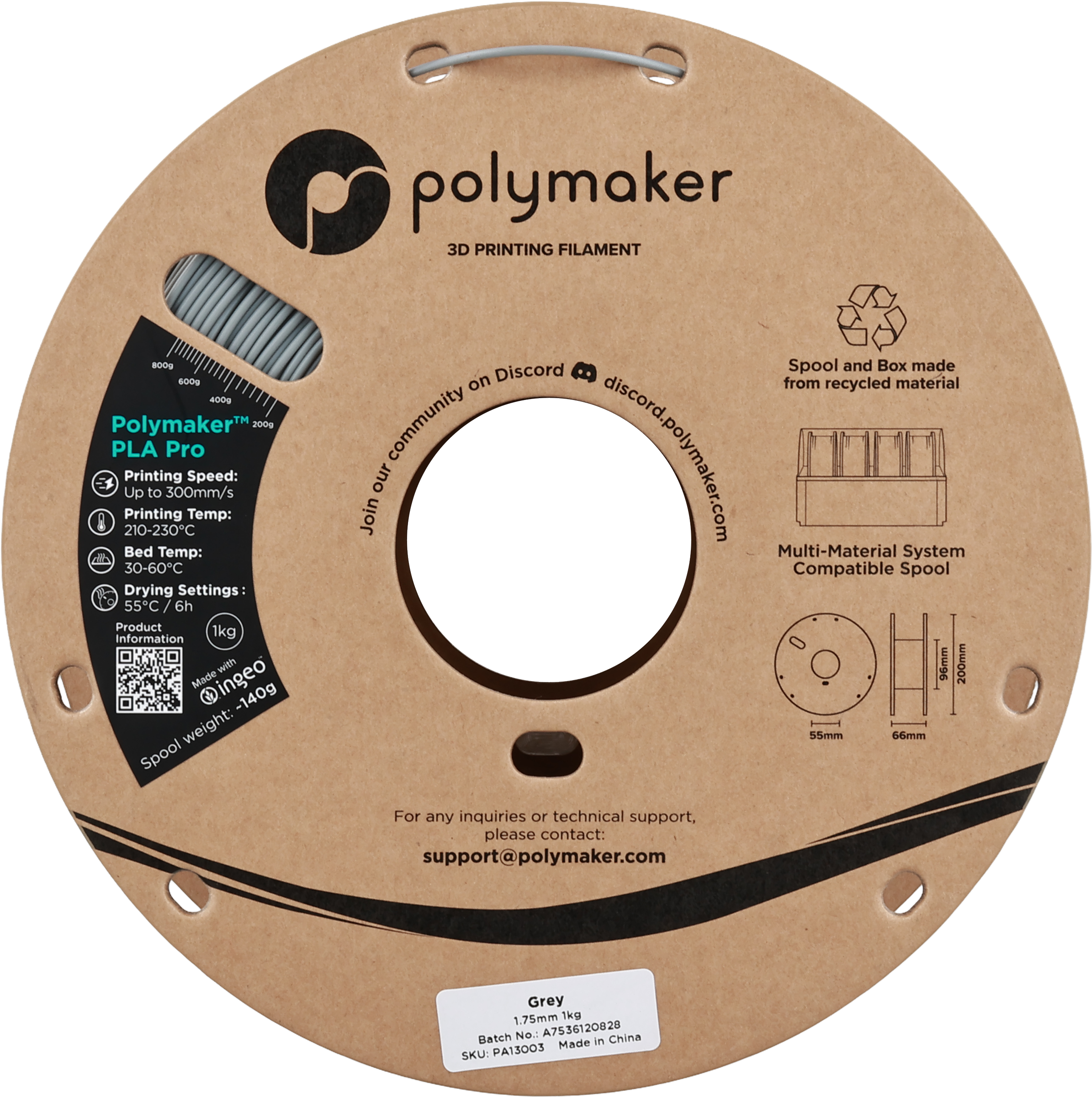 Polymaker  PLA Pro Grey, 1,75 mm / 1000 g    Neue, verbesserte Formulierung: Hochleistungs-High Speed-PLA in Grey