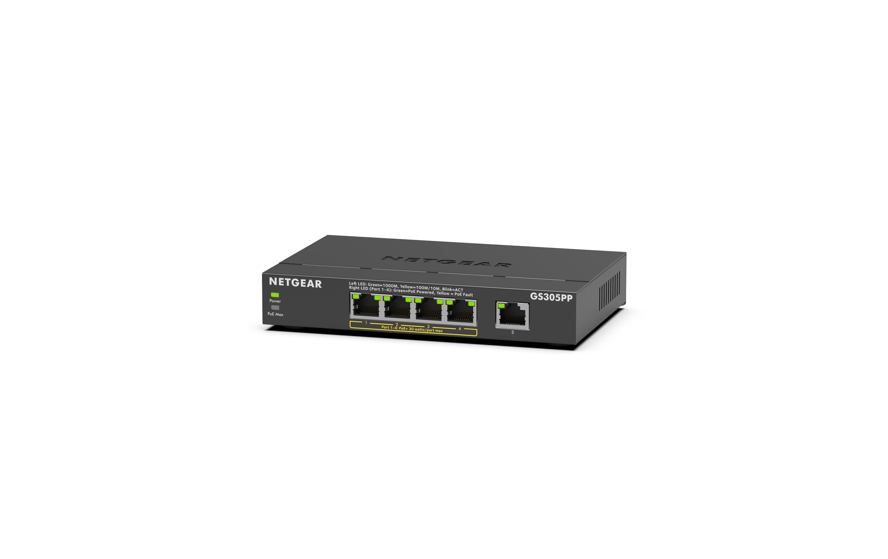 PoE+ Switch GS305PPv3 5 Port, PoE Budget: 83 WKompakter, lüfterloser 5-Port Gigabit PoE++ Switch für kleine Büros, IP-Kameras und VoIP-Telefone