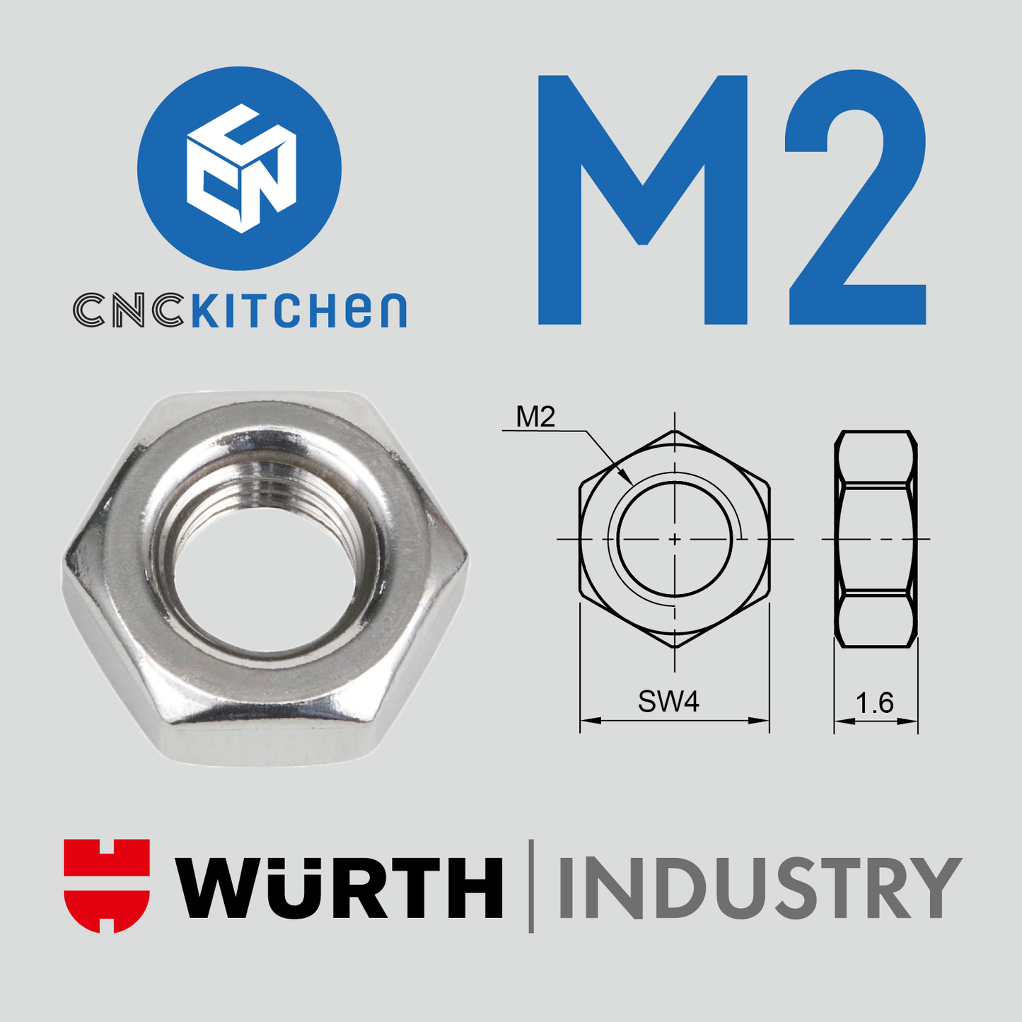 CNC Kitchen  Sechskantmuttern (DIN 934), Edelstahl A2-50, M2 (50 Stk)    Robuste Befestigungselemente aus Edelstahl