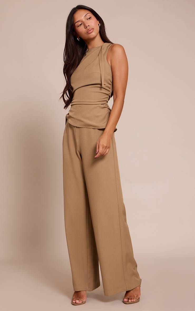 Kaki Combinaison Pantalon Large Moka Foncé Tissée Col Montant Froncé