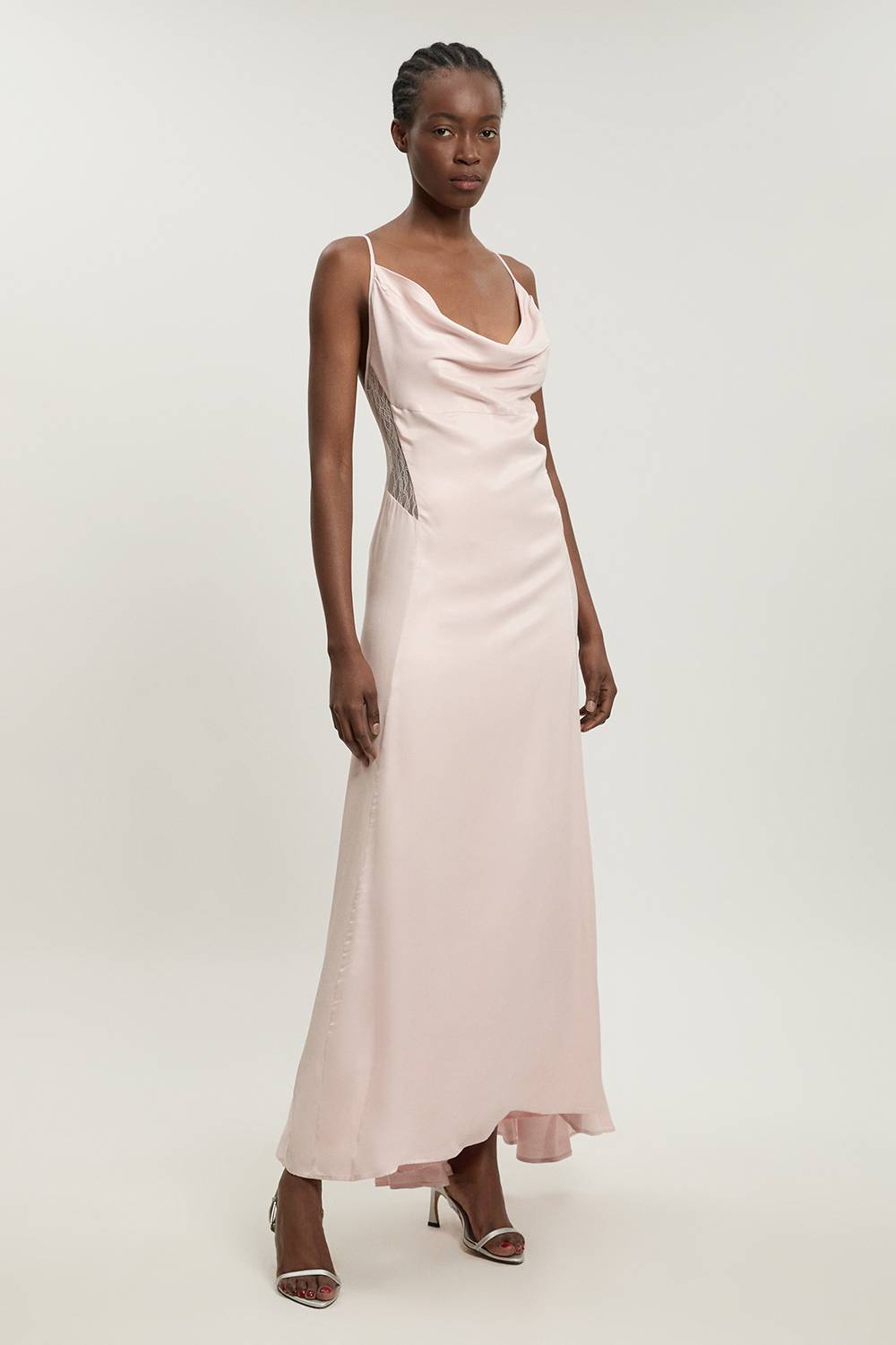KarenMillen Robe Longue En Viscose Satinée Coupée En Biais Avec Insertions De Dentelle