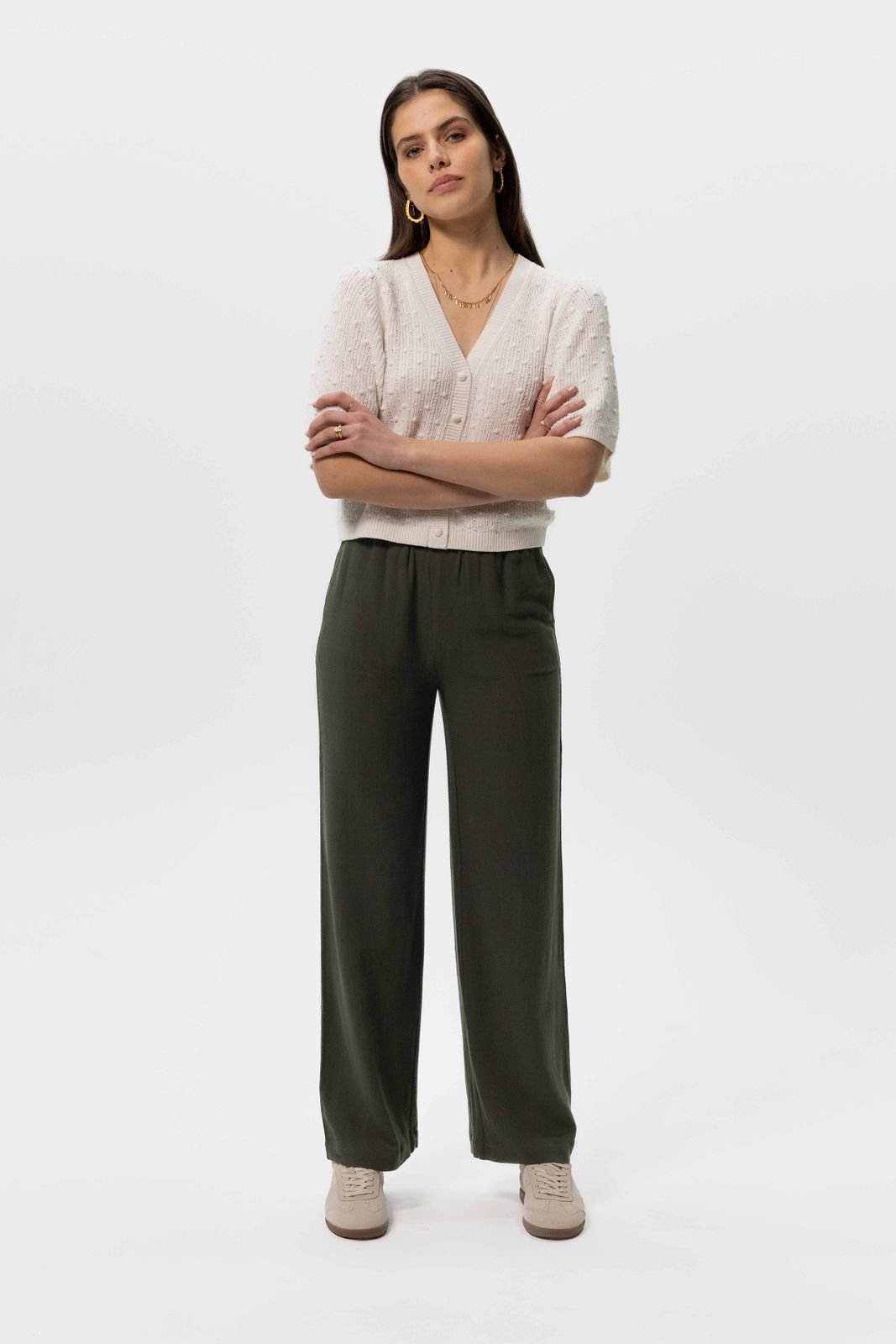 Donkergroene linnen wide leg broek