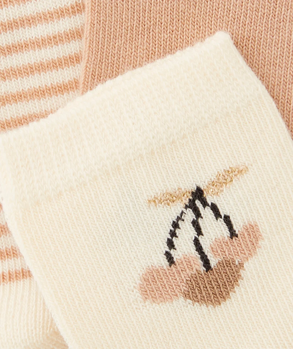 LOT DE 3 CHAUSSETTES HAUTES BÉBÉ FILLE EN COTON ÉCRU ET BEIGE