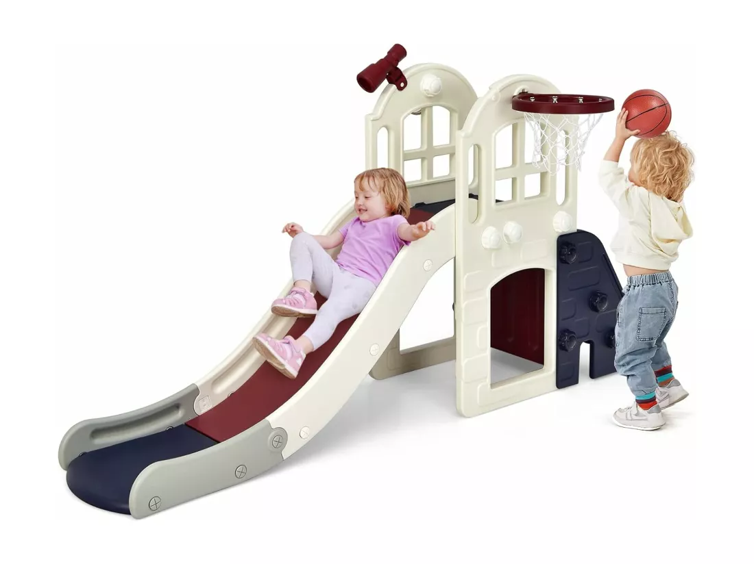 Toboggan 6 en 1 pour Enfant - Glisse de 140 CM - avec Panier de Basket, Escalade, Lancer d'Anneaux et Télescope,Toboggan Intérieure,Aire de Jeux Extérieure 3-8 Ans, Bleu