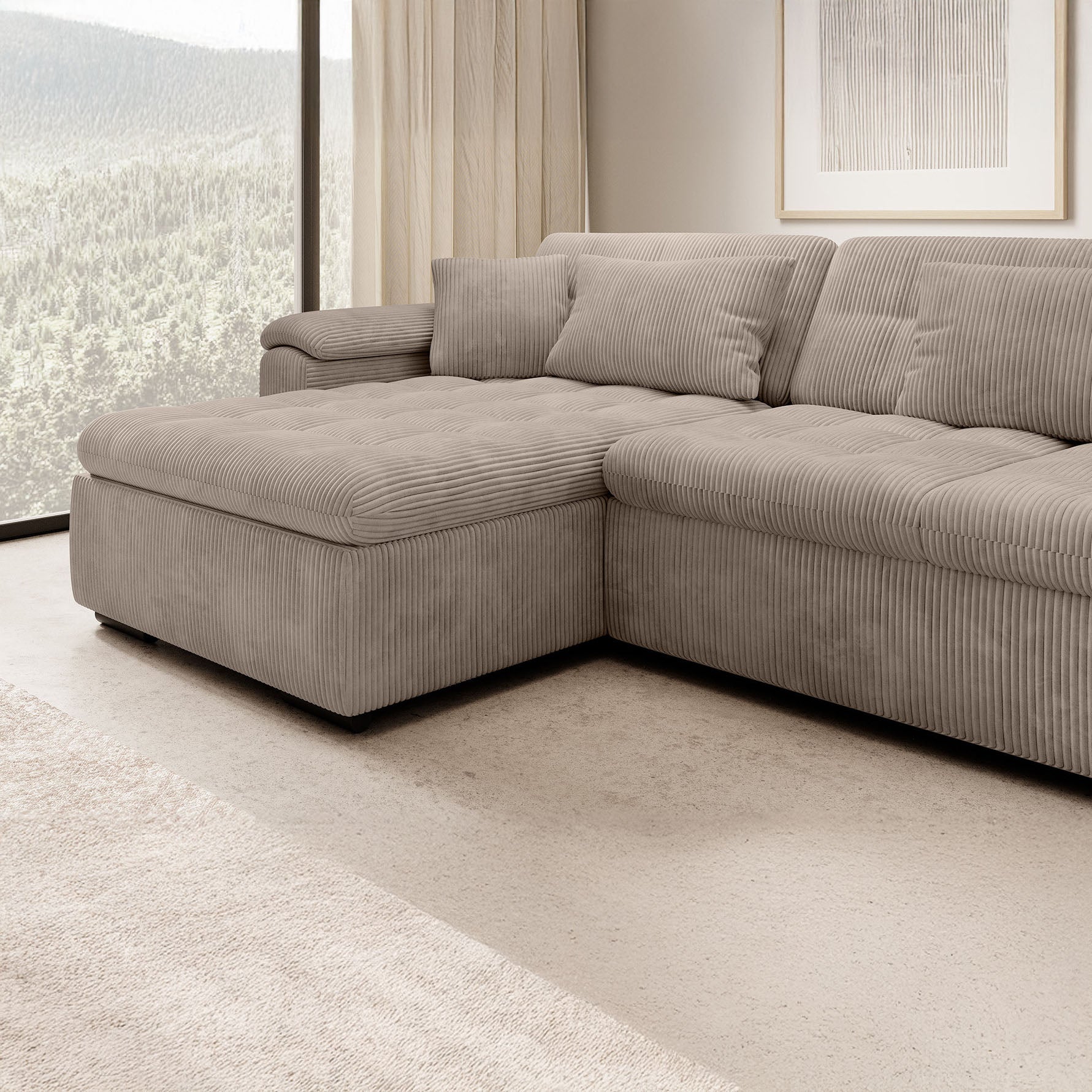 Nicoreta - Hoekbank 5-zits met chaise longue - Ribstof bruin - Links