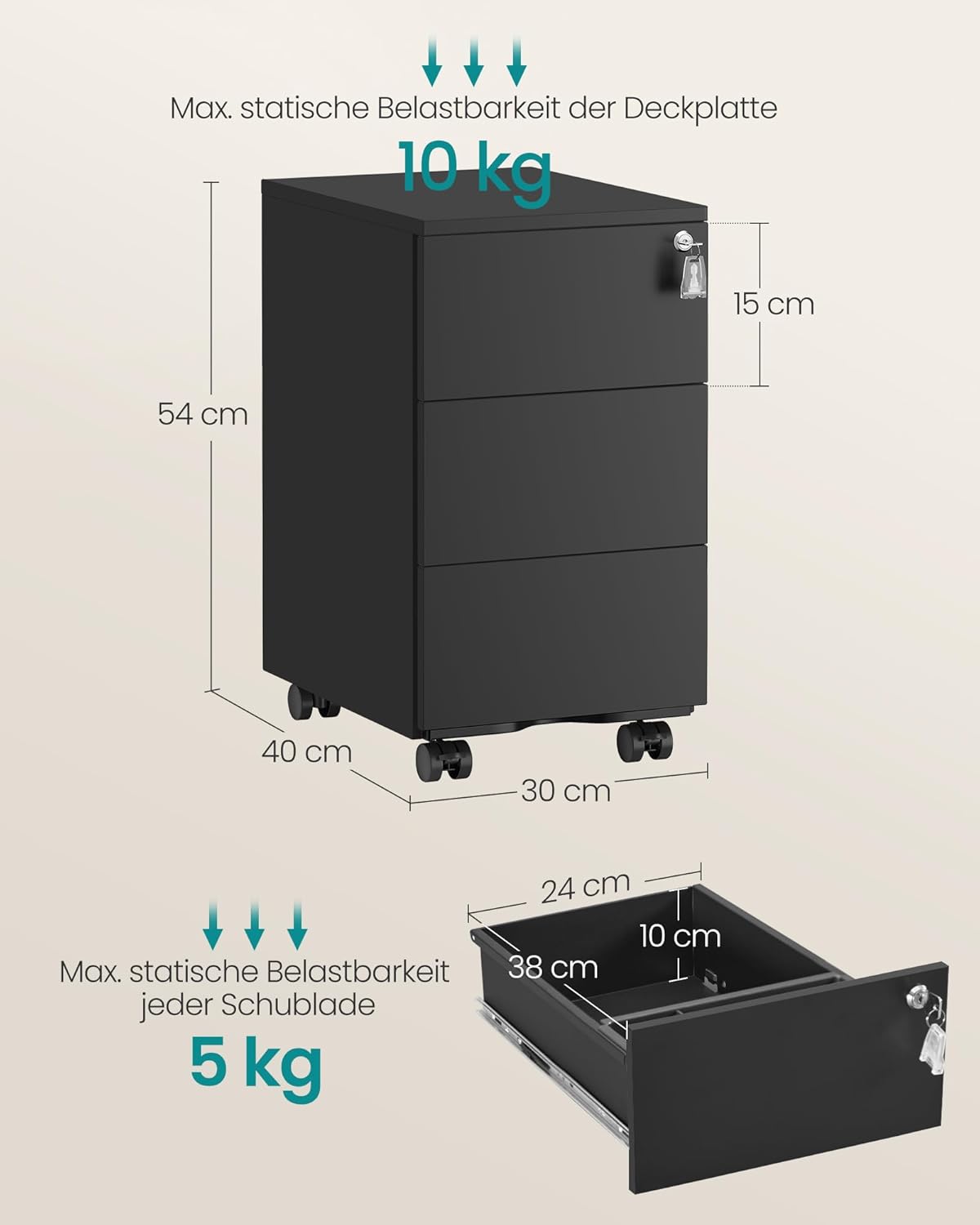 SONGMICS Schubladenschrank, Rollcontainer, mobiler Aktenschrank, Metallschrank, Druckertisch, abschließbar, 3 Schubladen, vormontiert, Büro, Homeoffice, 40 x 30 x 54 cm, Mattschwarz OFC079B01 NA5916099