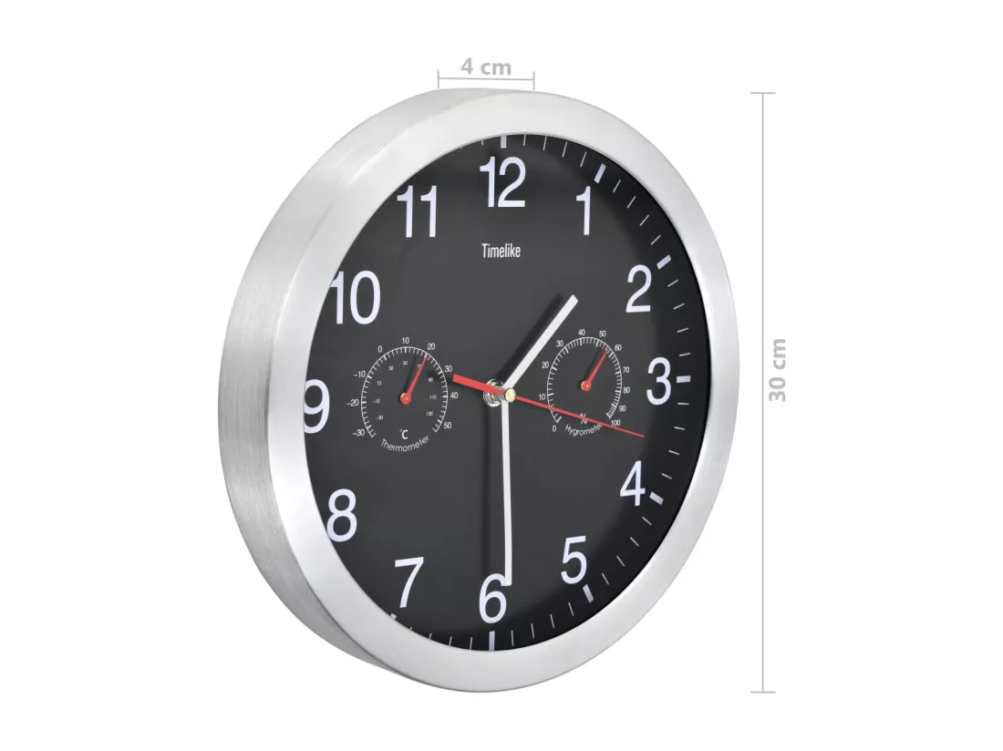 Horloge murale à quartz Hygromètre et thermomètre 30 cm Noir
