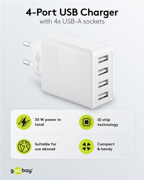 (30W/3A) 4-fach USB 2.0 Ladegerät (44962) - Weiss
