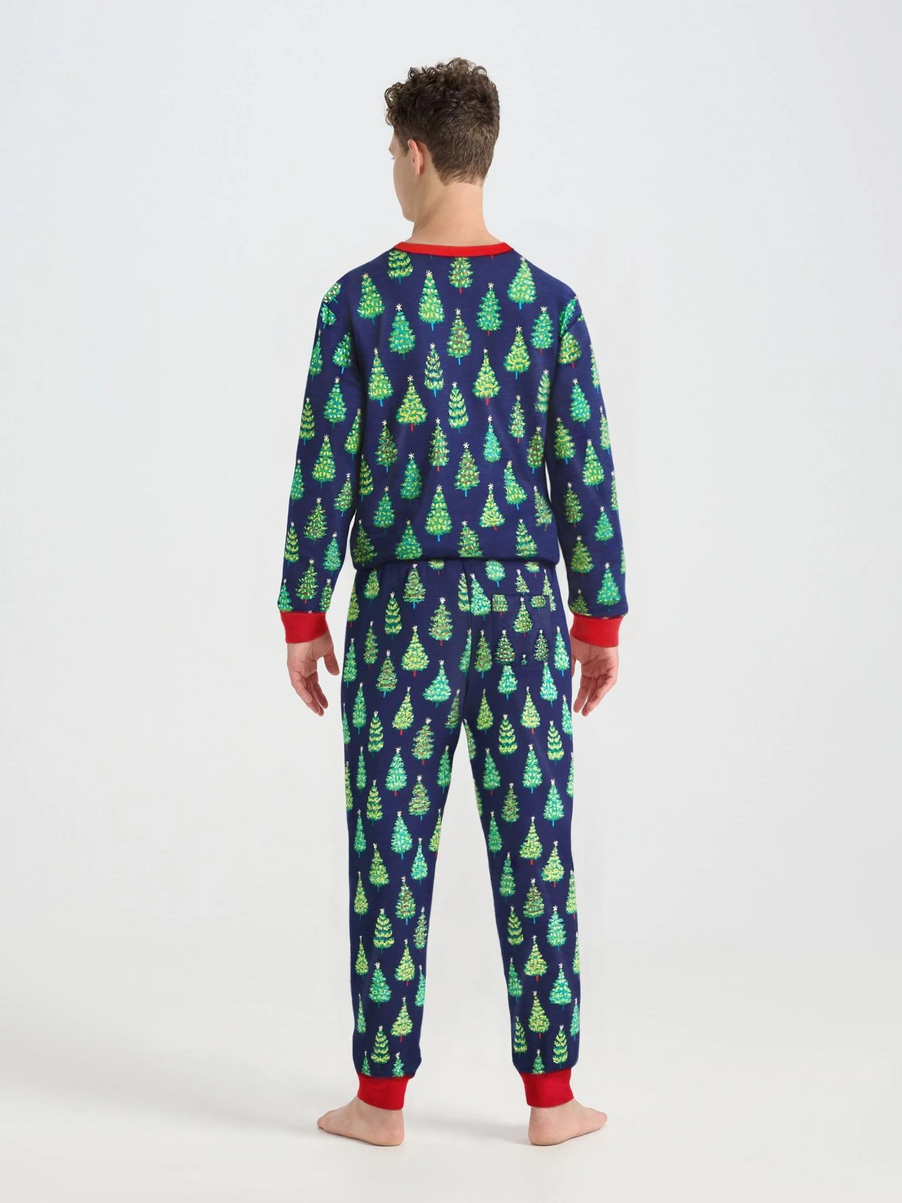 Hatley Patriot Blue Glow in the Dark Christmas Trees Men's Stretch Cotton Pyjama Set