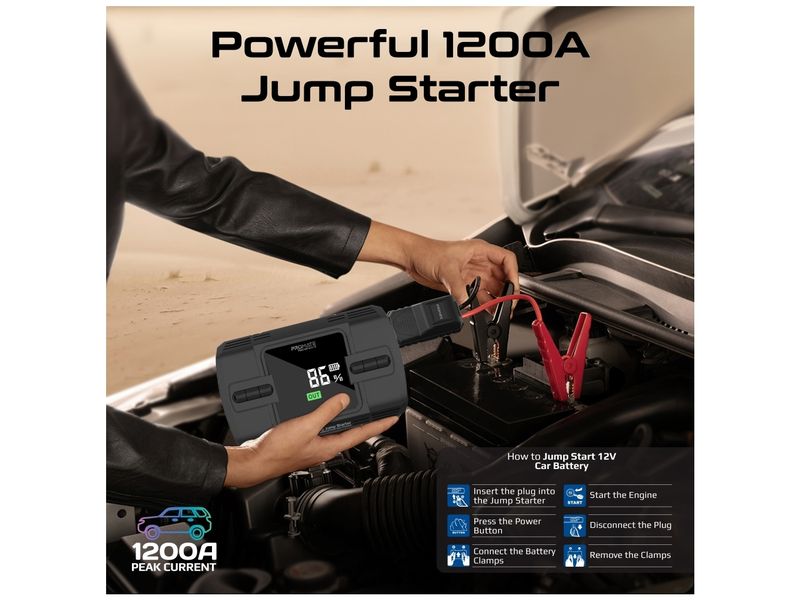 Promate PatrolPack-3 Hochleistungs-Auto-Starter Leistungsstarker Jump Starter, 150PSI Luftkompressor, 12000 mAh Powerbank & Taschenlampe
