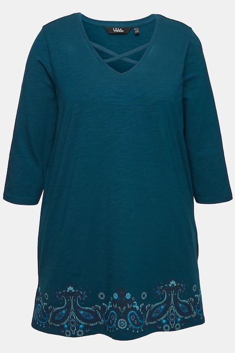 Longshirt, Bordürendruck, A-Linie, V-Ausschnitt, 3/4-Arm