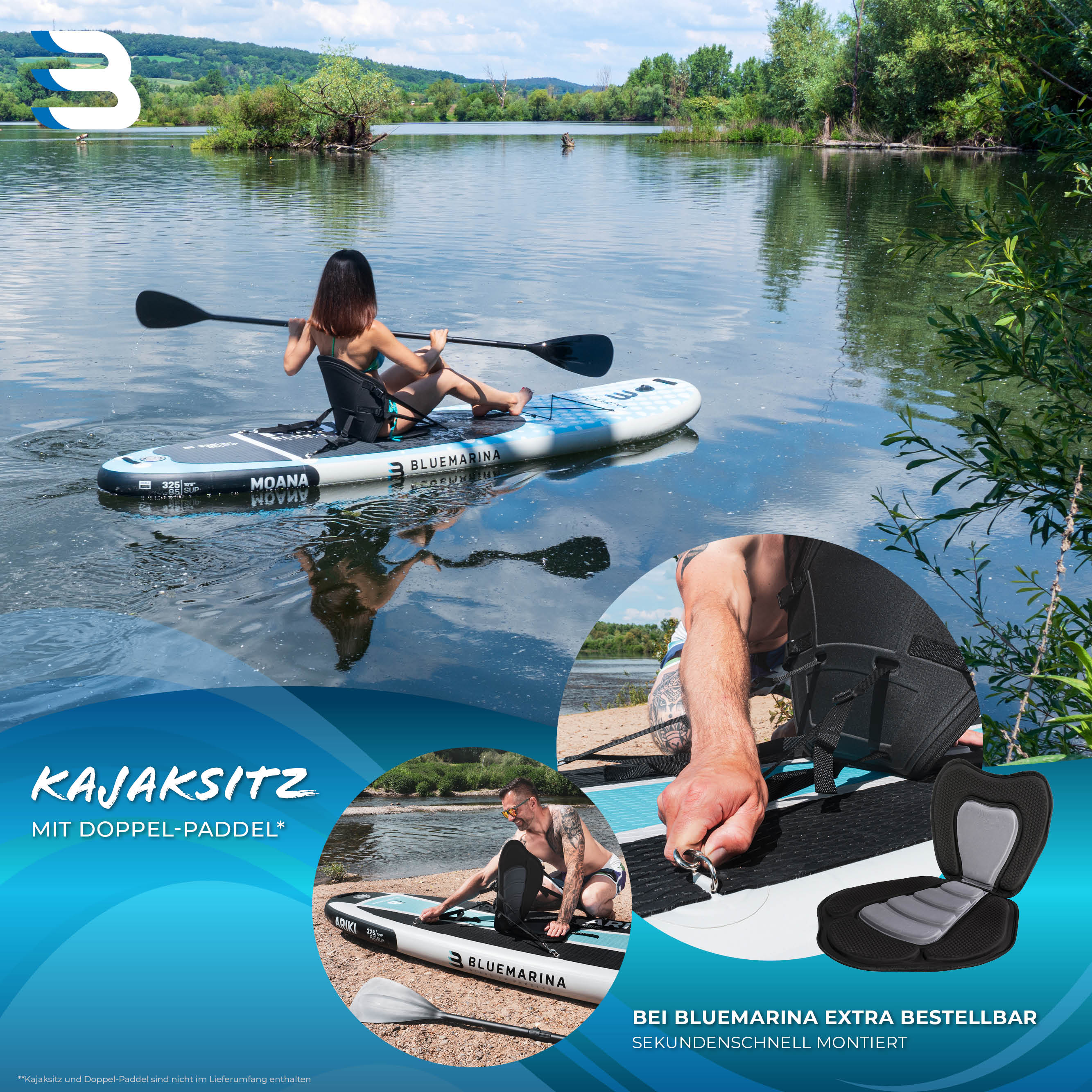 Bluemarina SUP Board Moana, aufblasbar mit Double Layer, Paddel, Pumpe, Rucksack, 5J Garantie (305x76x15cm / 10')