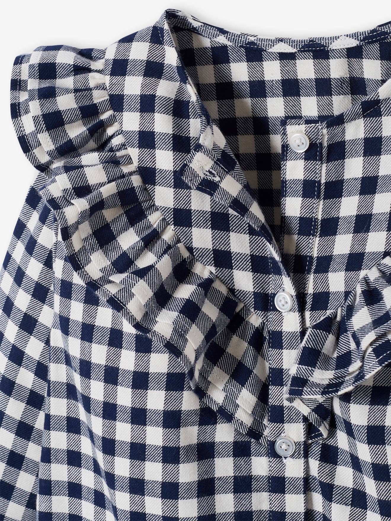 Vestido xadrez com babados para meninas, xadrez azul escuro