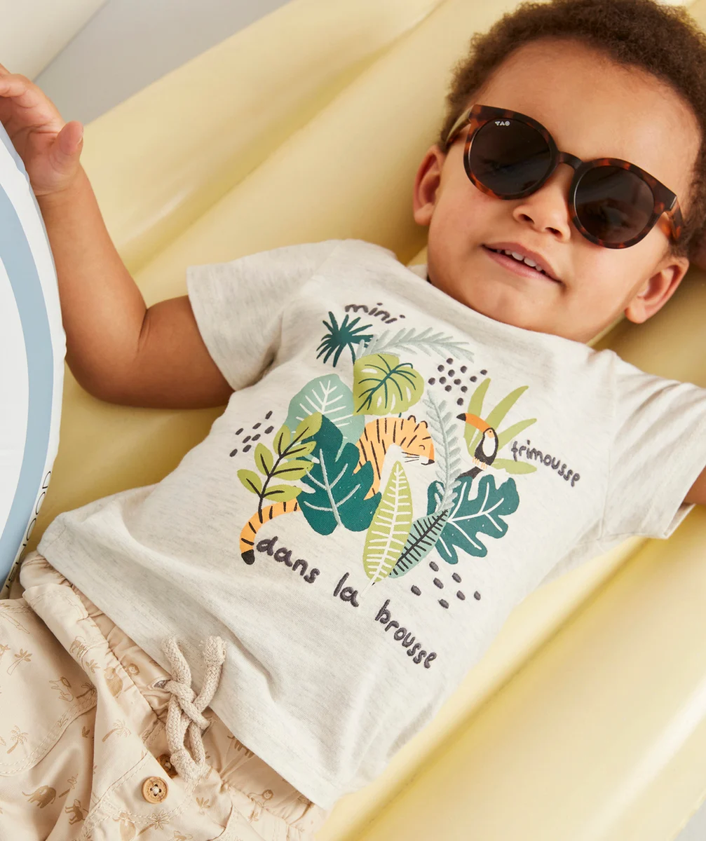 BERMUDA BÉBÉ GARÇON BEIGE IMPRIMÉ TROPICAL EN COTON