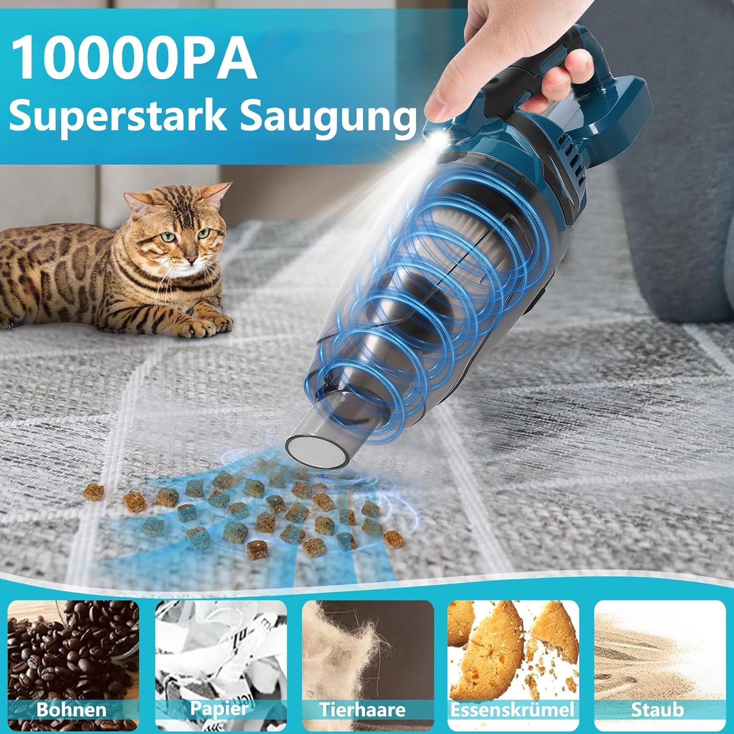 Akku Staubsauger für Makita Akku 18V, Starke 10000Pa Kabellos Handstaubsauger Akku mit LED Beleuchtung und Groß 750mL Staubbehälter für Auto, Haus (Blau mit 1 Batterie)
