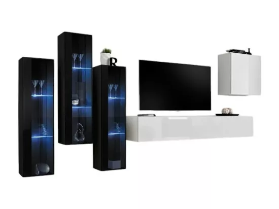 Ensemble meuble salon mural SWITCH XIII design, coloris blanc brillant et noir.