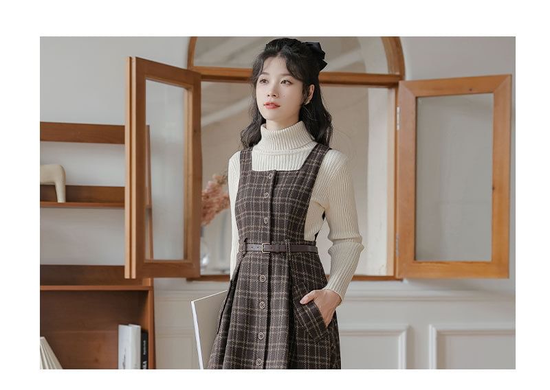 sansweet - Set: Mock Neck Plain Sweater + Plaid Overall Midi A-lijn Jurk