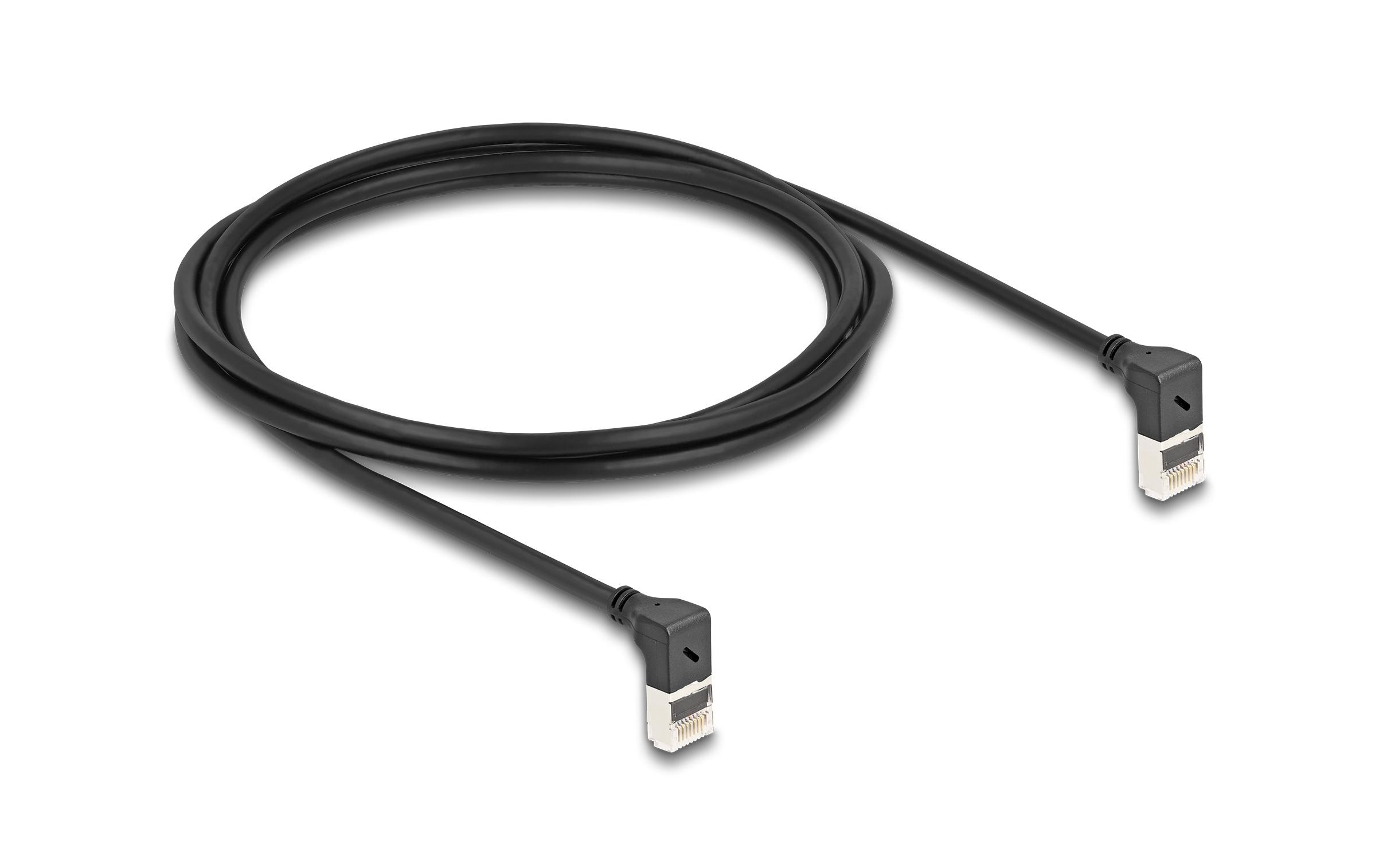 Patchkabel 90° oben gewinkelt Cat 6A, S/FTP, 2 m, SchwarzDelock RJ45 Netzwerkkabel Cat.6A S/FTP Slim 90° oben / oben gewinkelt 2 m schwarz