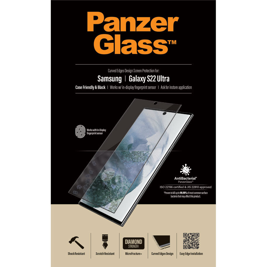 Samsung Galaxy S22 Ultra 5G Antibakterielle Panzer Glas Displayschutz Case Friendly mit Rahmen (7295) - Schwarz