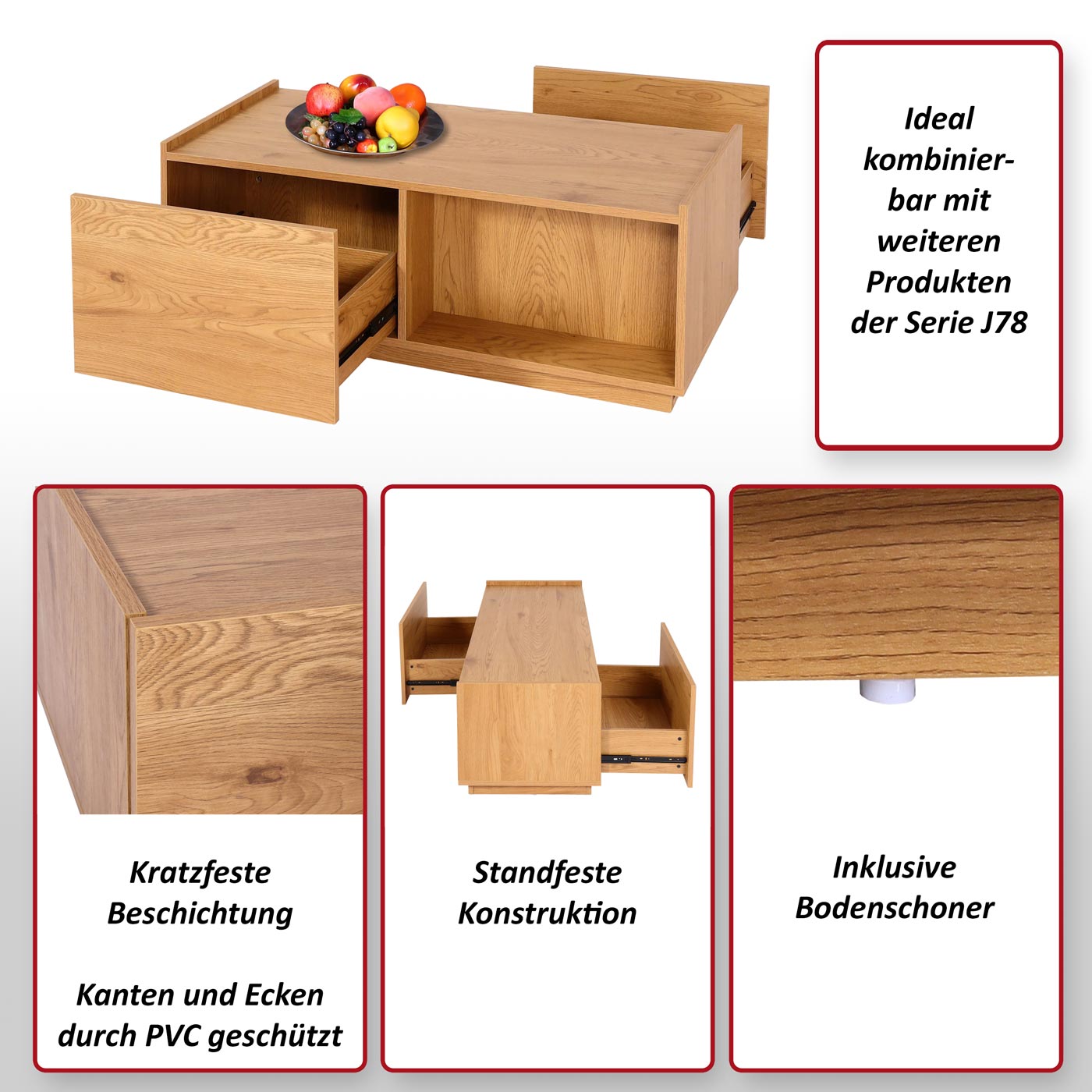 Couchtisch MCW-J78, Wohnzimmertisch Beistelltisch Sofatisch, Schublade, MDF 110x50x40cm ~ Eiche-Optik