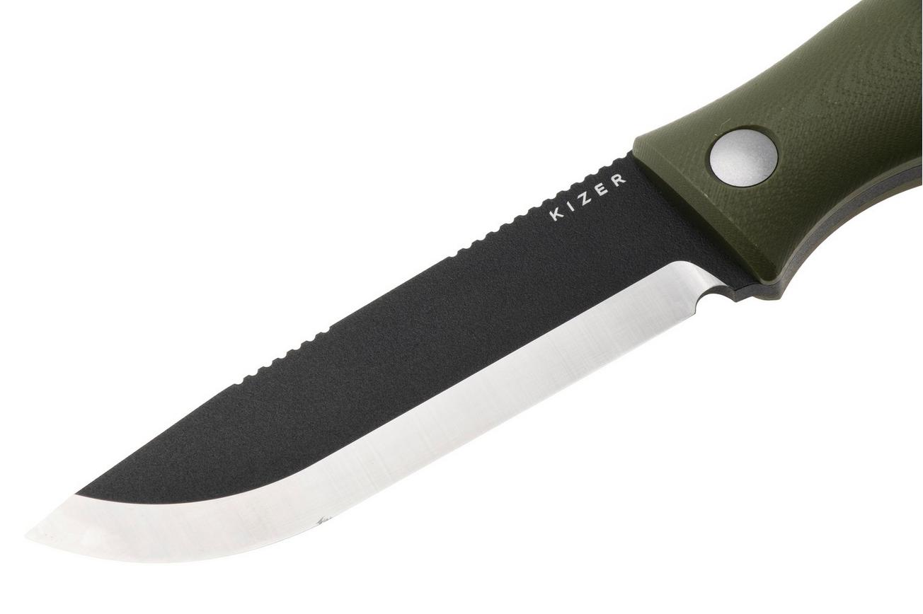 Kizer Polaris 1100A2, Black 1095 Carbon Steel, OD Green G10, vaststaand mes, Azo design