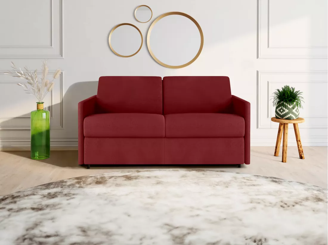 Canapé 2 places convertible express en tissu rouge - Couchage 120 cm - Matelas 14 cm CALIFE