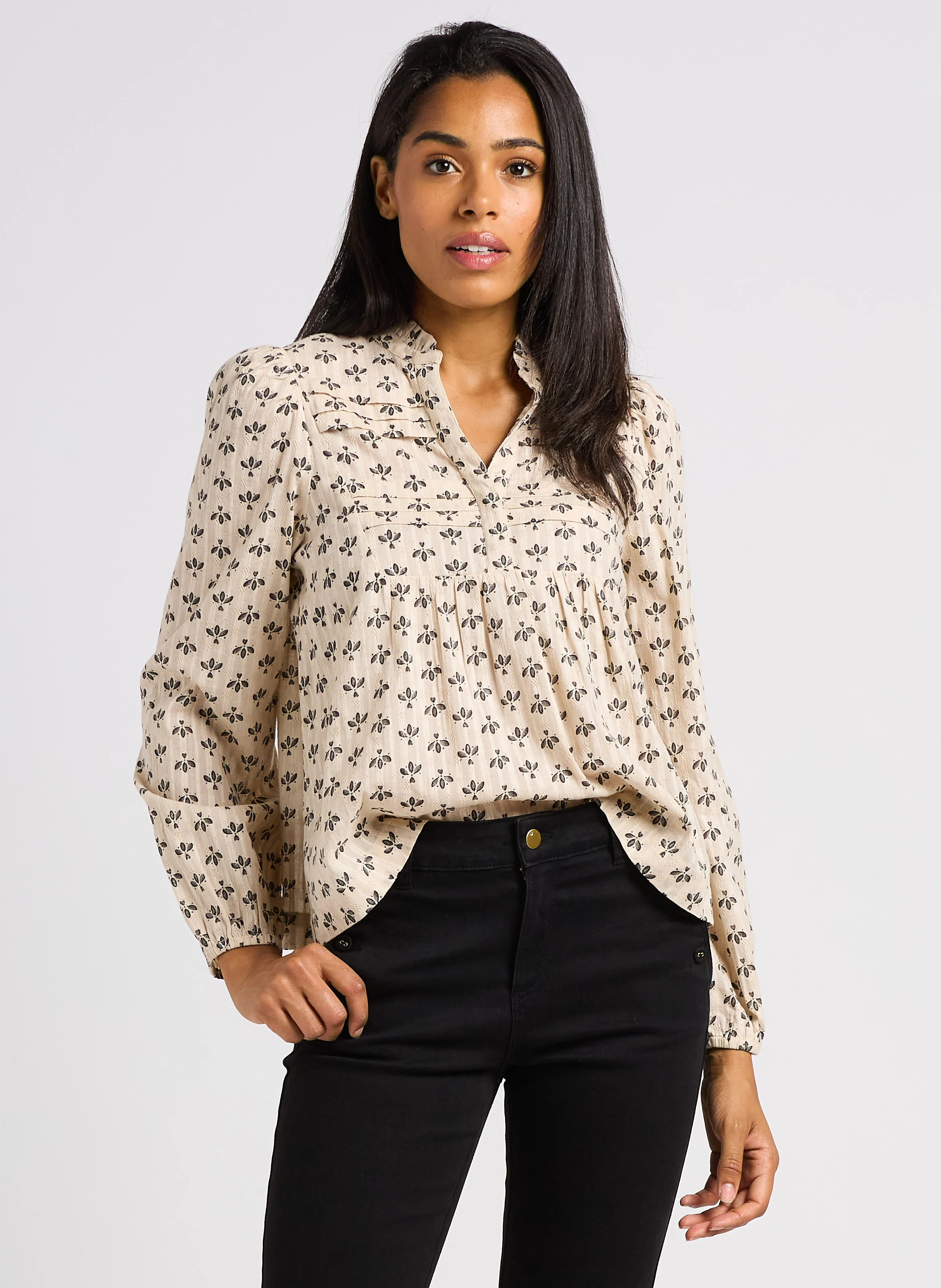 Blouse ample courte col tunisien en coton | Blanc