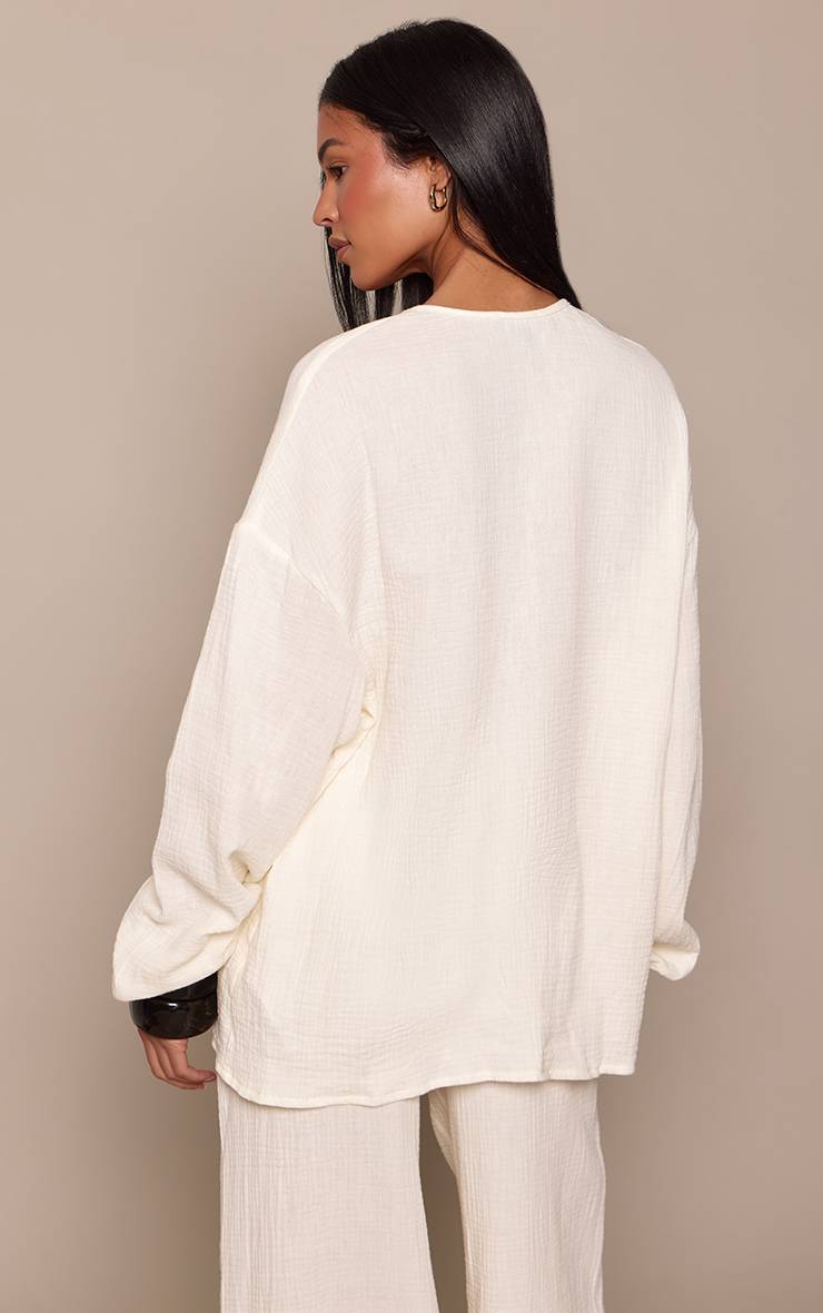 Crème Ensemble Chemise Grande Taille En Gaze Texturée Avec Lien À Nouer Devant
