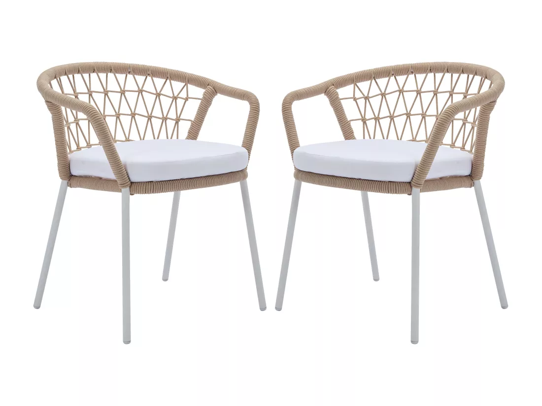 Lot de 2 fauteuils de jardin en métal et corde - Beige avec coussin blanc - ZALLY de MYLIA