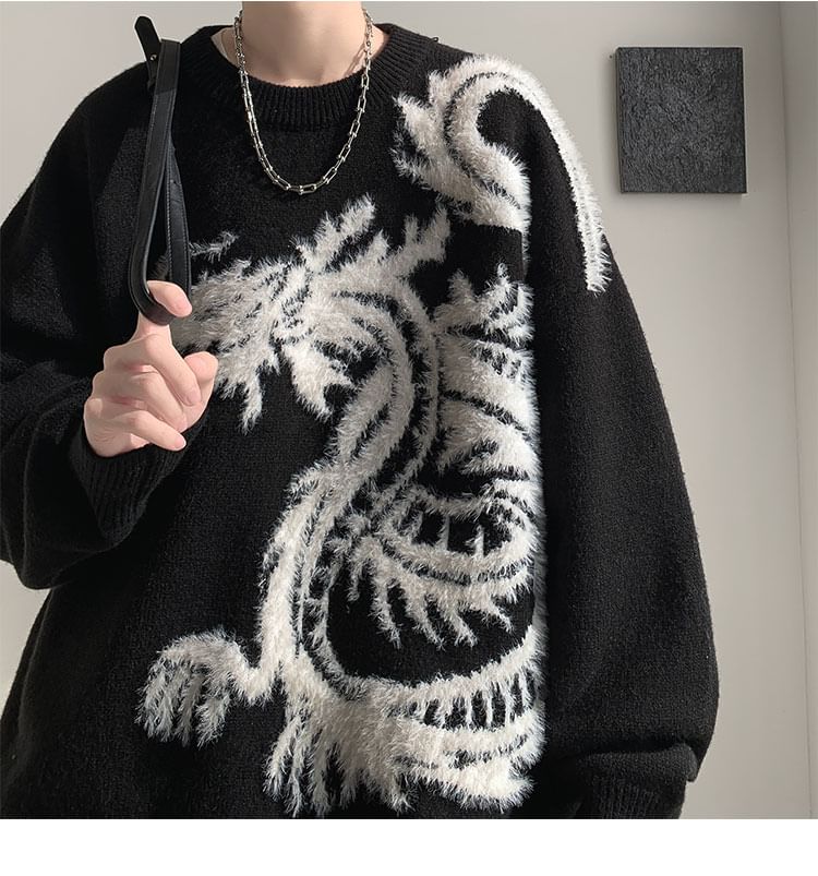 Breeson - Oversized trui met ronde hals en drakenprint