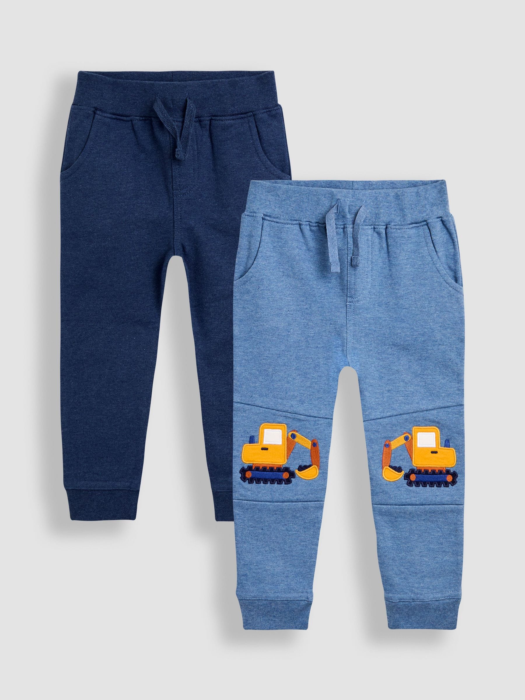 Blauw graafmachine - JoJo Maman Bébé 2-Pack Appliqué Knie & Effen Joggingbroeken
