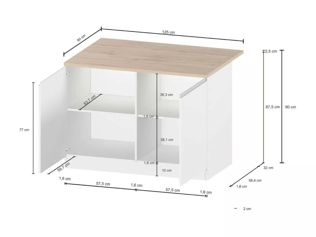 Îlot de cuisine Daffaticat, Armoire polyvalente, Meuble de kitchenette, Table auxiliaire, 100% Made in Italy, 125x90h90 cm, Anthracite et Chêne