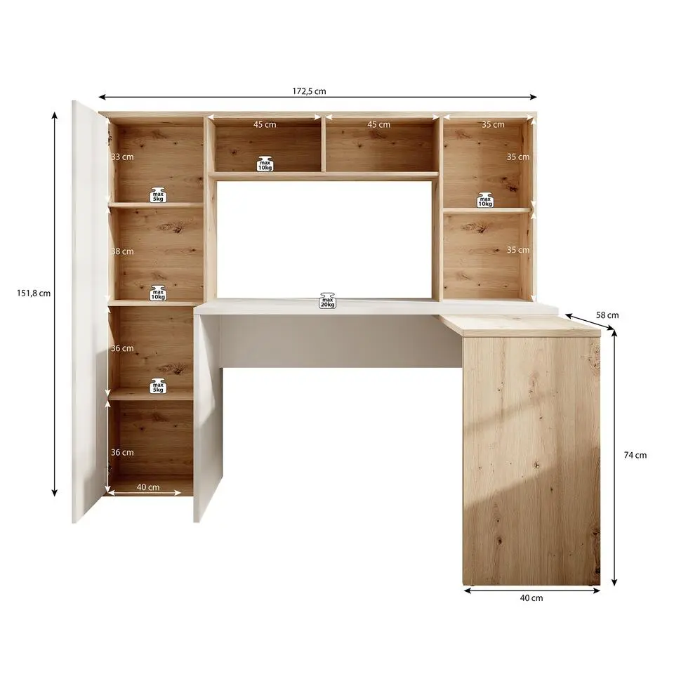 Meubella - Bureau Elze - Eiken - Wit - 173 cm