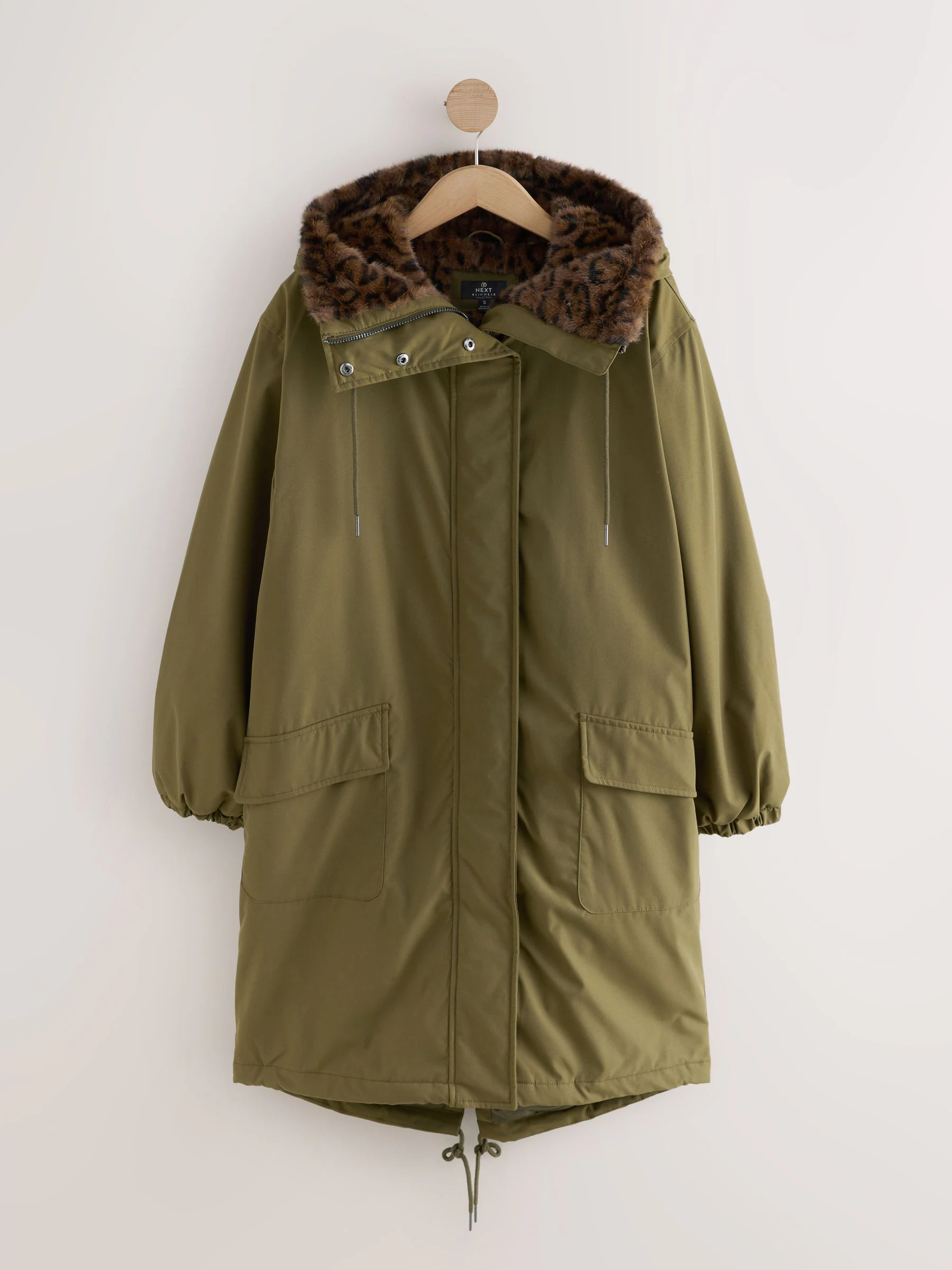 Kakigroen - Parka met imitatiebontvoering met dierenprint