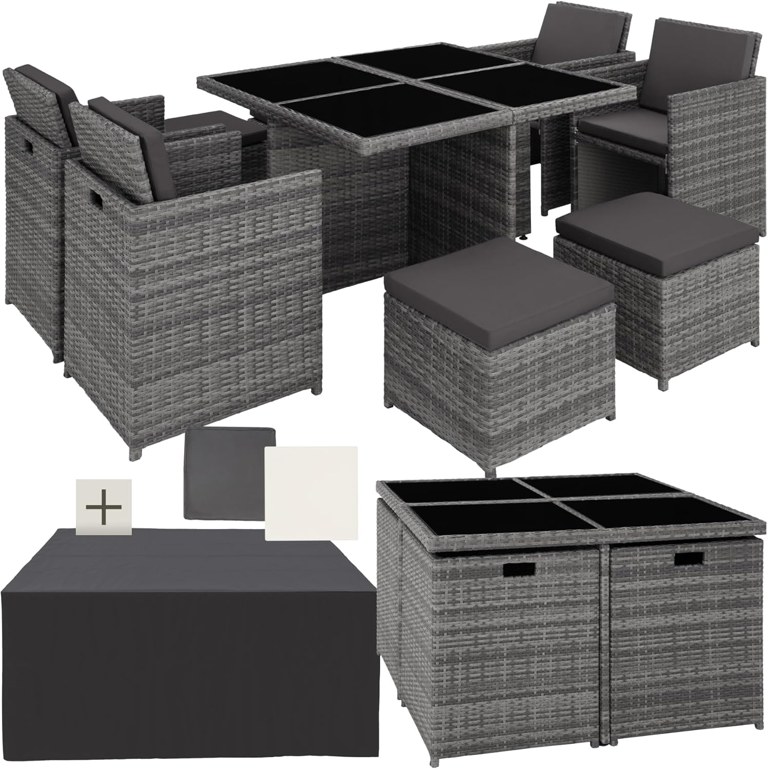 tectake® Lounge Möbel Set 4X Stühle, 4X Hocker, 1x Tisch, platzsparende Cube Aufbewahrung, Outdoor Rattan Gartenmöbel für Balkon, Garten und Terrasse, mit Abdeckung und Wechselbezügen - grau