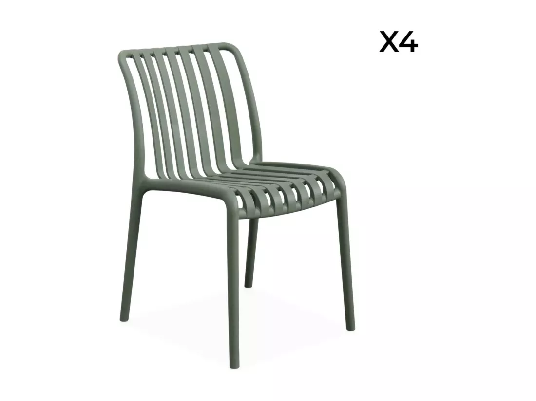 Lot de 4 chaises de jardin en plastique vert de gris. empilables. déjà montées