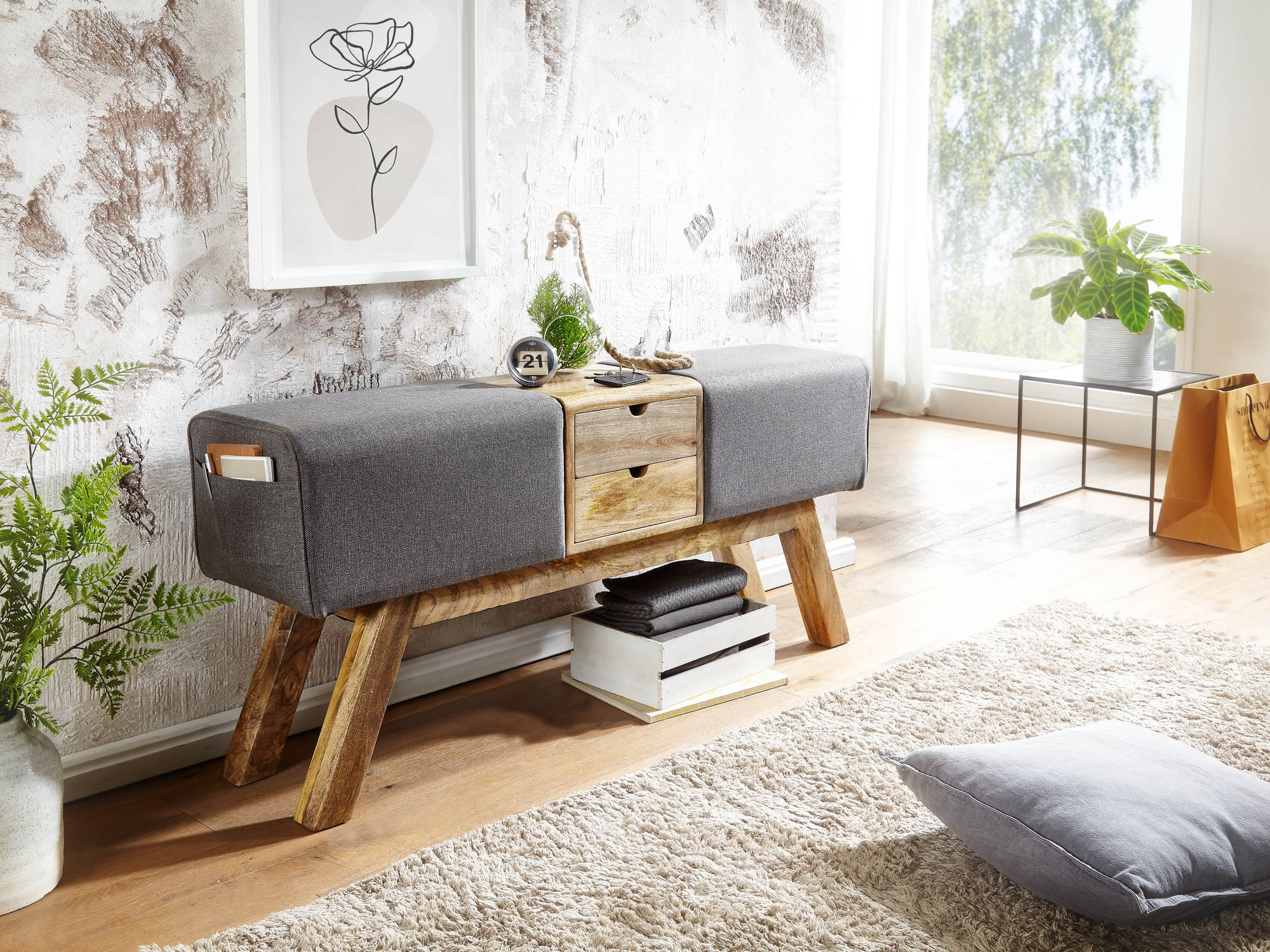 Sitzbank FineBuy Turnbock Stoff 120 cm Grau Springbock Stauraum Turnhocker Bank