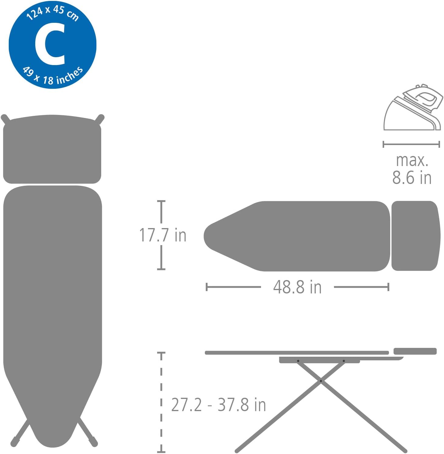 Brabantia - Bügelbrett C - für Dampferzeuger - XL-Dampfbügelbrett - Extra großer Metallständer - Höhenverstellbar - Solider Vierfußrahmen - Geräte bis zu 40 x 22 cm - Denim Blue - 125 x 45cm