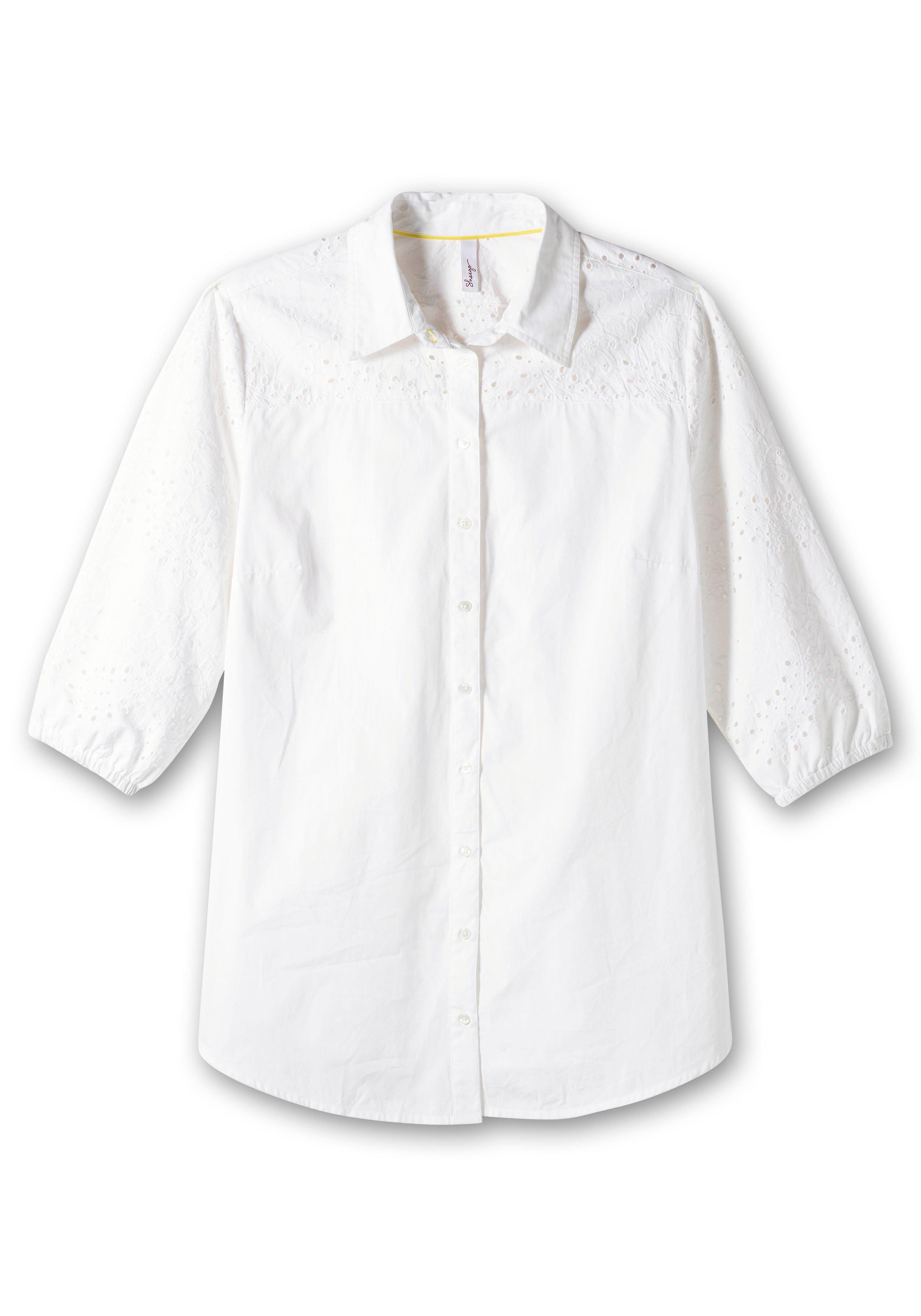 Longbluse mit Lochstickerei, gerundeter Saum