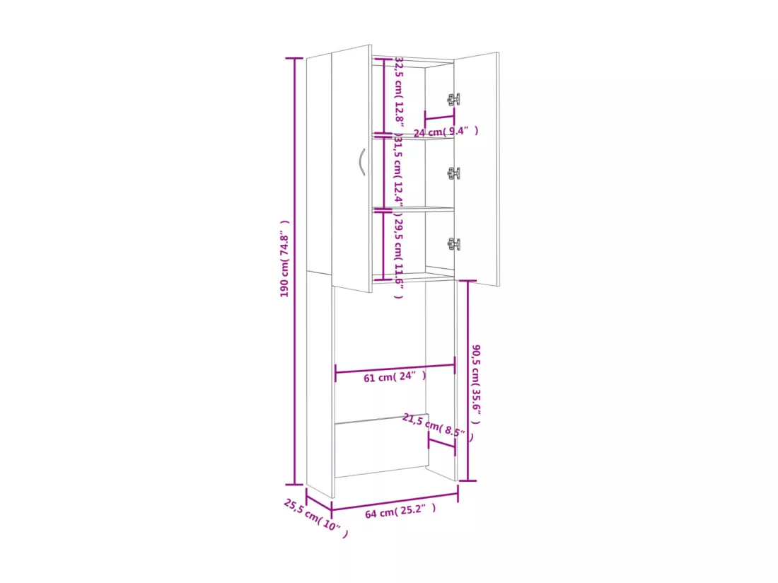 Meuble pour machine à laver Chêne marron 64x25,5x190 cm