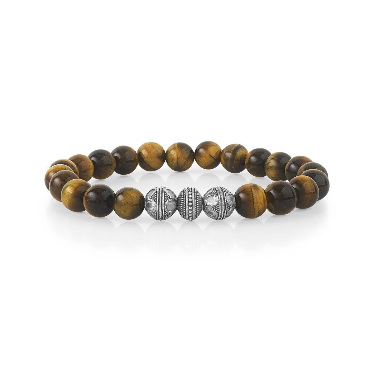 Bracelet perles argentées oeil de tigre 19 cm