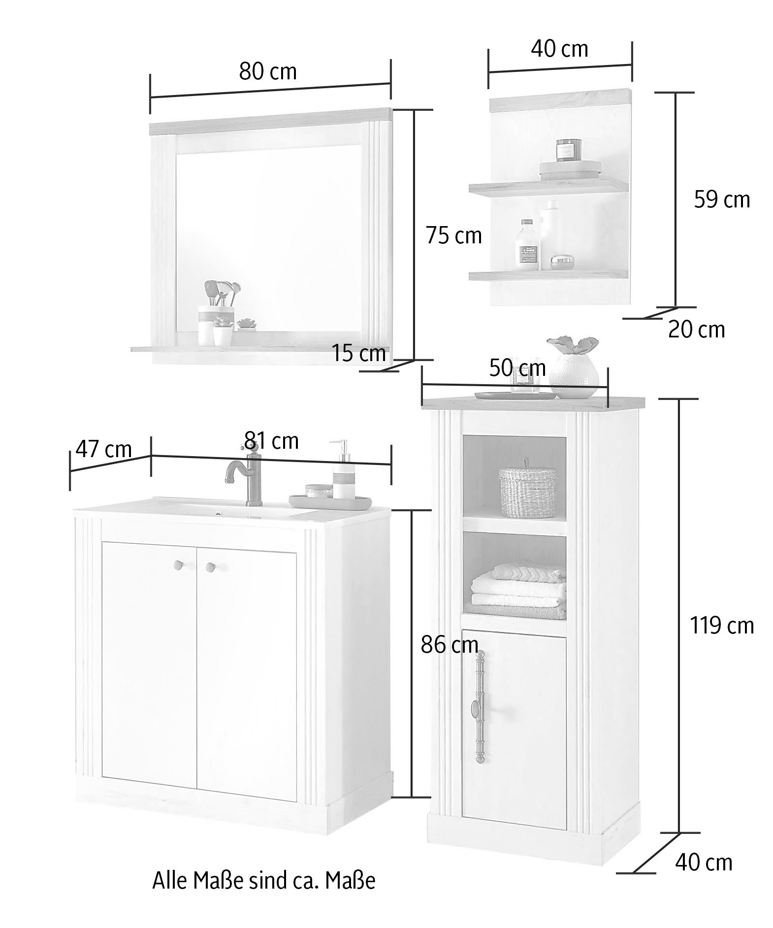 Home affaire Badmöbel-Set »WESTMINSTER, Bad im Landhausstil, 2-teiliges Badezimmer« 4 Stk. tlg.