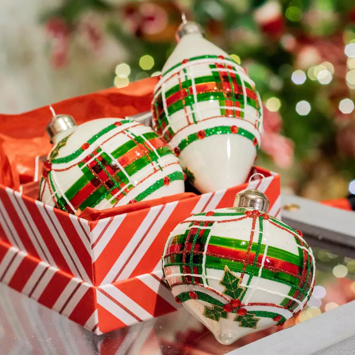 Lot de 3 boules de Noël en verre (D12 mm) Houx en feuille Vert