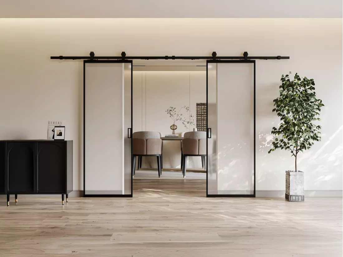 Porte coulissante double avec système en applique - aluminium et verre trempé dépoli - 2 x H205 x L83 cm - LINCI II