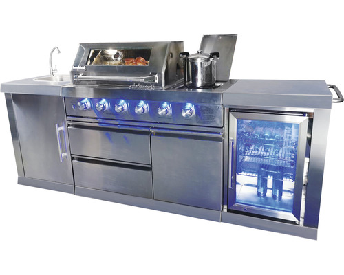 Buschbeck Oxford gasgrill buitenkeuken met 4 branders, zijbrander, RVS rooster, spoelbak met kraan en koelkast