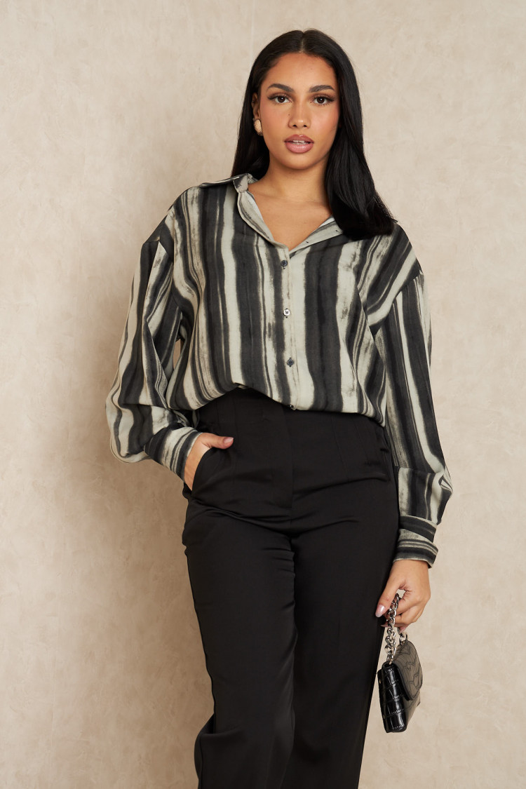 Chemise à rayure bicolore noire et beige
