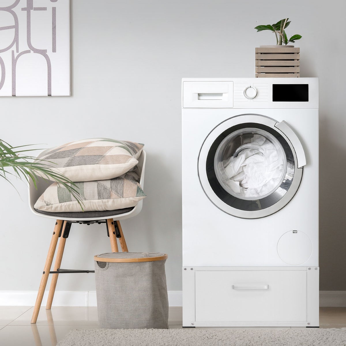 ML-Design Wasmachine Onderstel met Lade 63x54cm Staal Wit tot 150kg, Wasmachinekast, Stabiele Wasmachine Onderstel, H=31,5cm Voetstuk Verlengstuk voor Droger/Koelkast