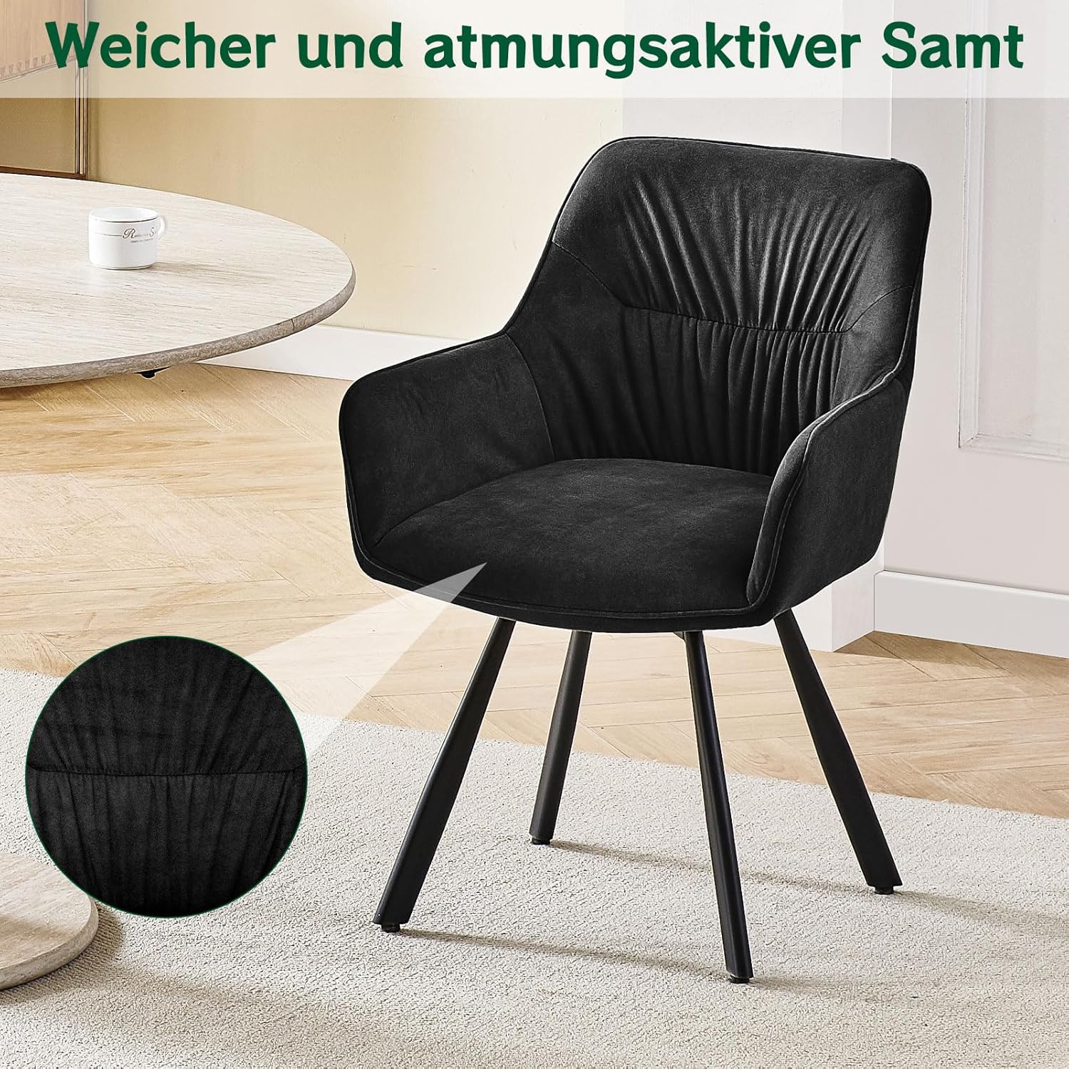 Esszimmerstuhl 6er Set drehbar, Armlehnstuhl drehbar 360°,Moderner Polsterstuhl Stuhl Samt, Stühle für Esszimmer,Küchenstuhl für Wohnzimmer, Arbeitszimmer,Schlafzimmer,Schwarz