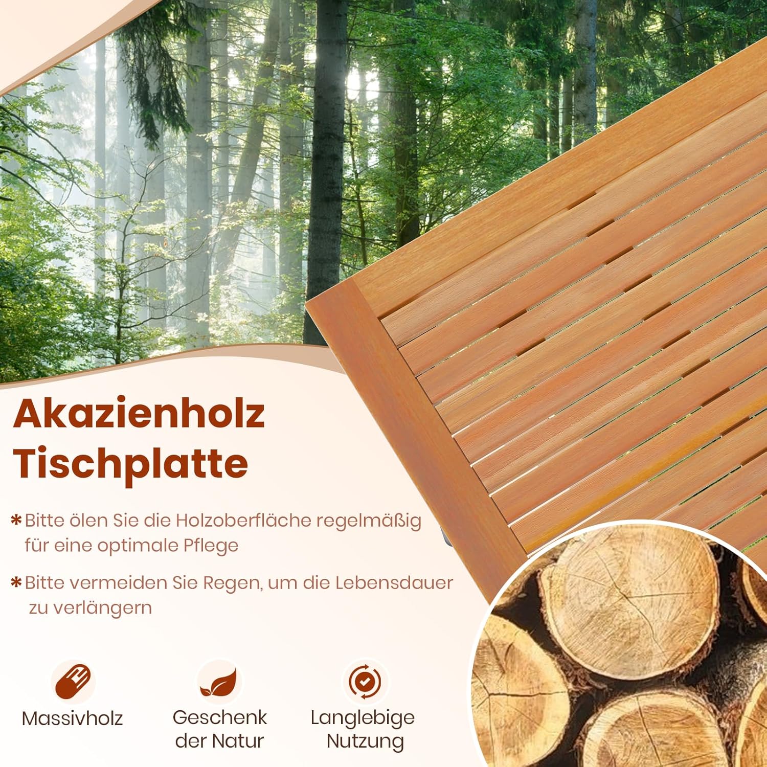GOPLUS Gartentisch aus Akazienholz, 200×90cm Terrassentisch wetterfest mit 5cm Schirmloch, Esstisch rechteckig für 8 Personen, für Outdoor Garten Terrasse Hof (Modell C)