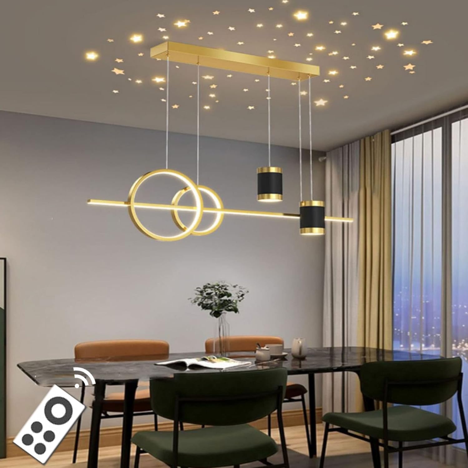LED Dimmbar Pendelleuchte Modern 45W Neu Entwurf sternenklarer Himmel Hängelampe mit Fernbedienung Pendellampe höhenverstellbar kreativ Hängeleuchte lampe für Esstisch Esszimmer Wohnzimmer (Gold)